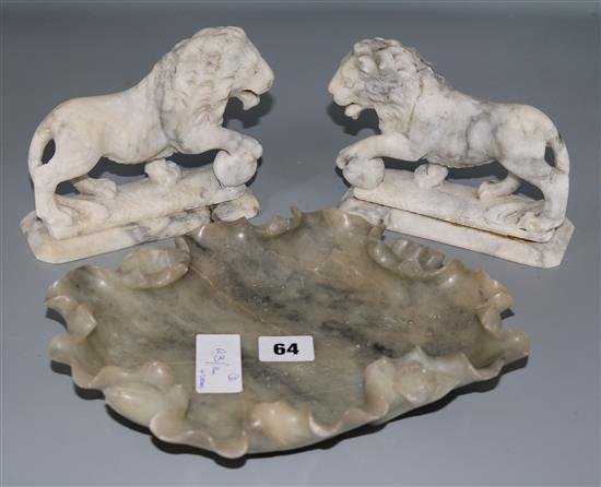 An alabaster dish & pair of lions